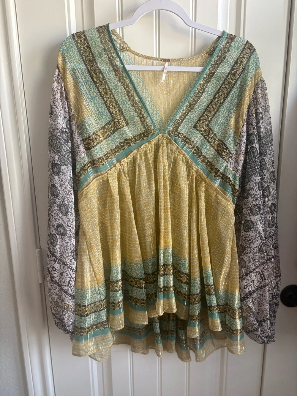 Free People Boho V-Neck Tunic in Mustard, Sage and Brown